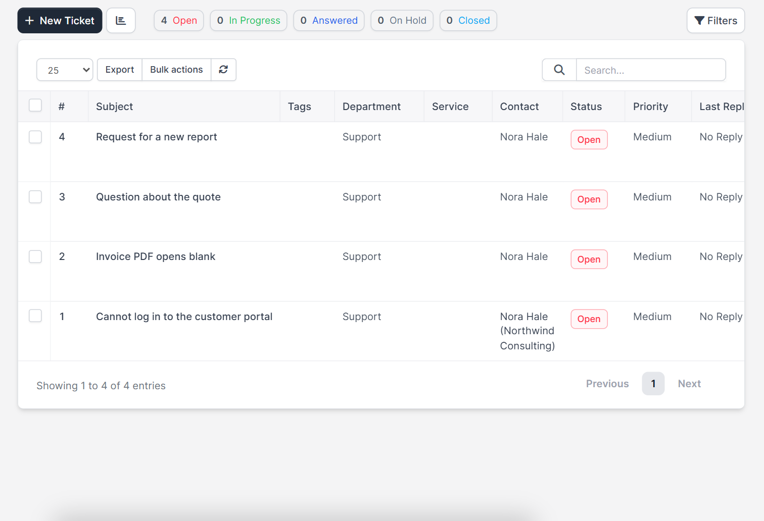 Tickets list that receives submissions from the Perfex CRM ticket form