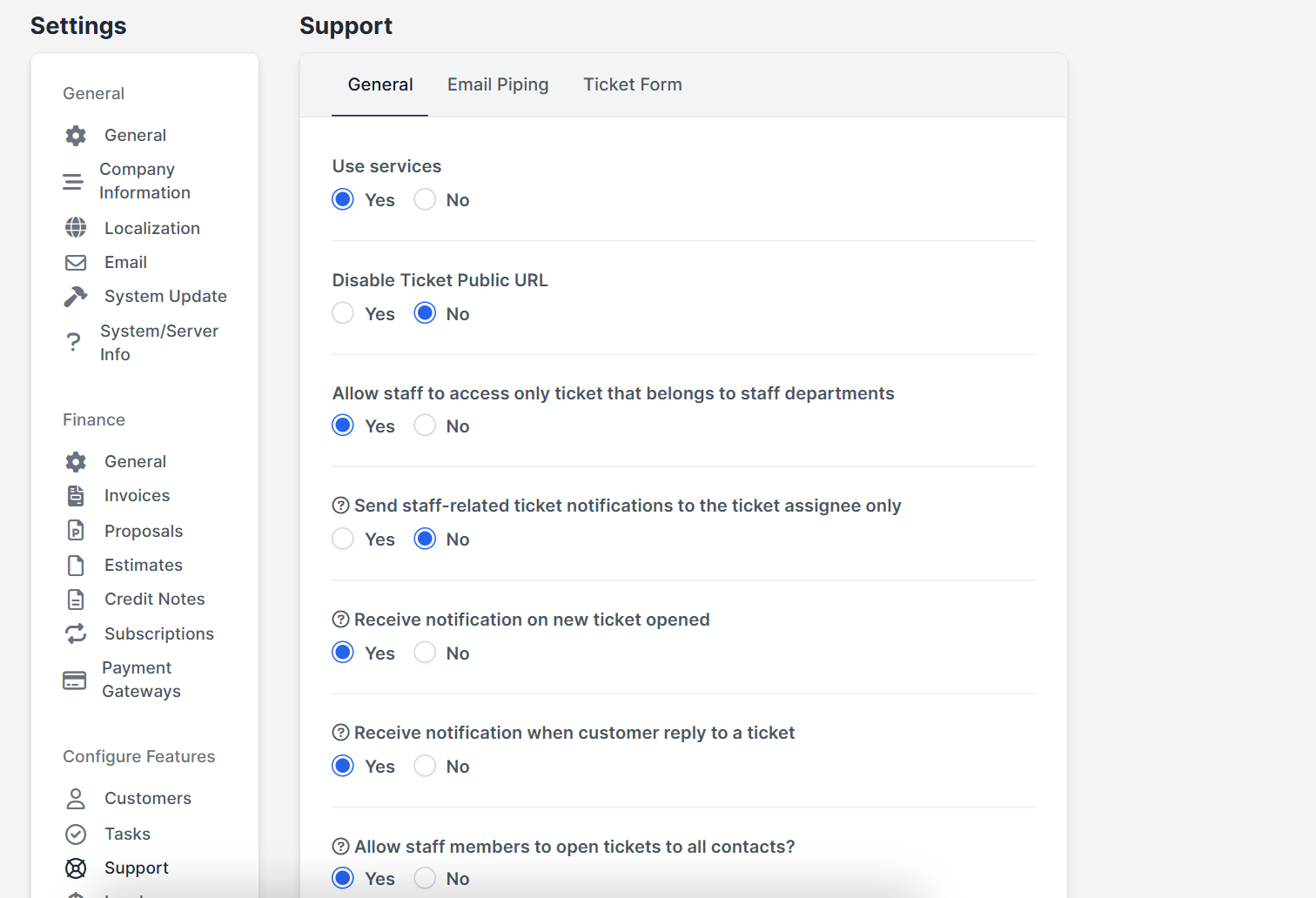 Support settings with the Receive notification on new ticket opened option in Perfex CRM ticket notifications