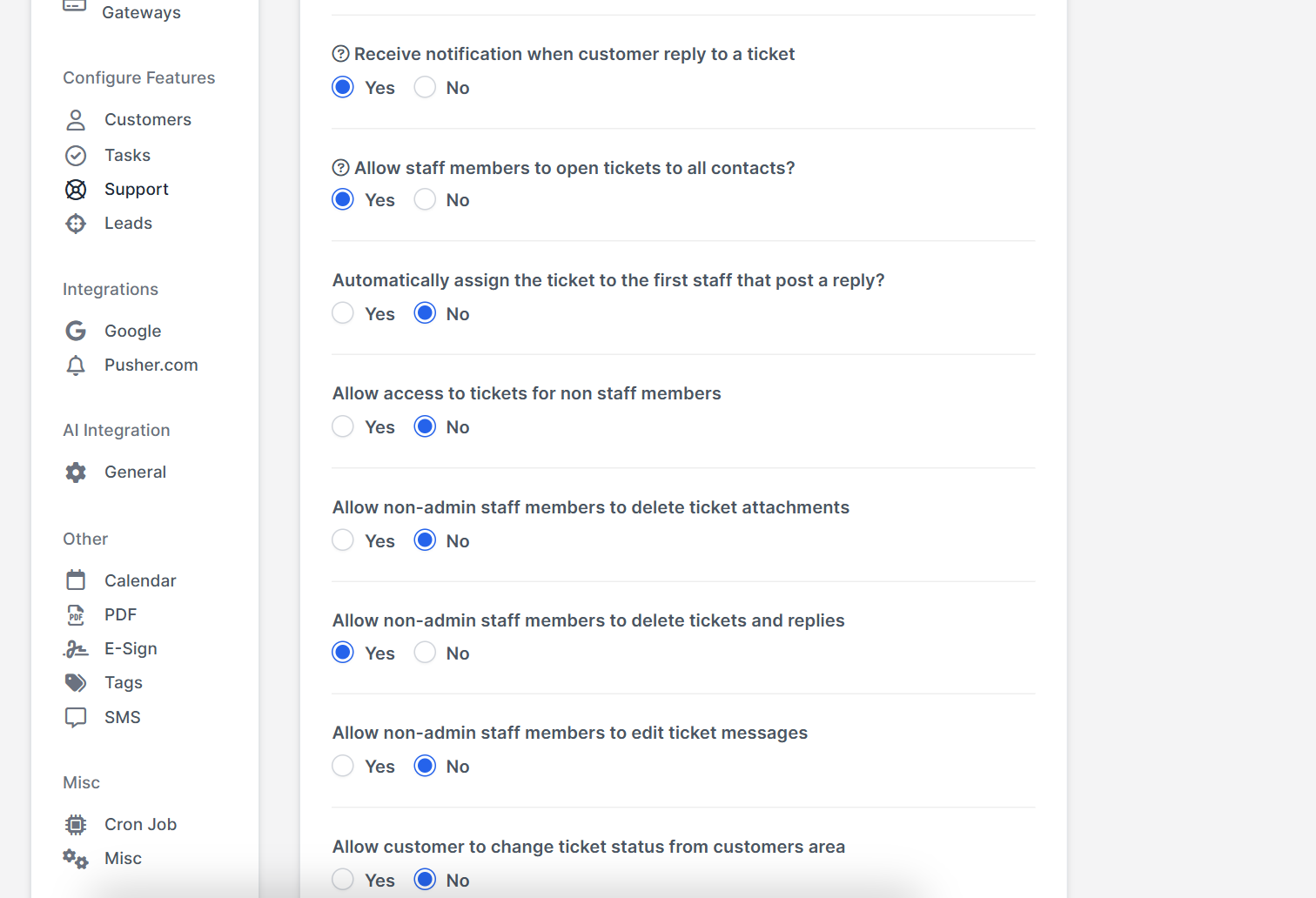 More ticket settings: reply notifications and assignee options for Perfex CRM ticket notifications