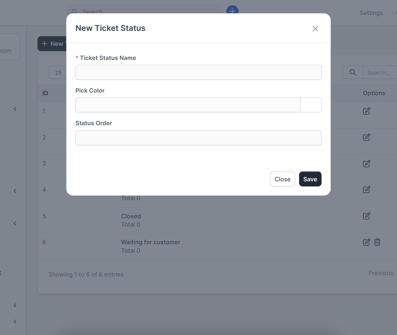 New Ticket Status window for Perfex CRM ticket statuses with name, color and order