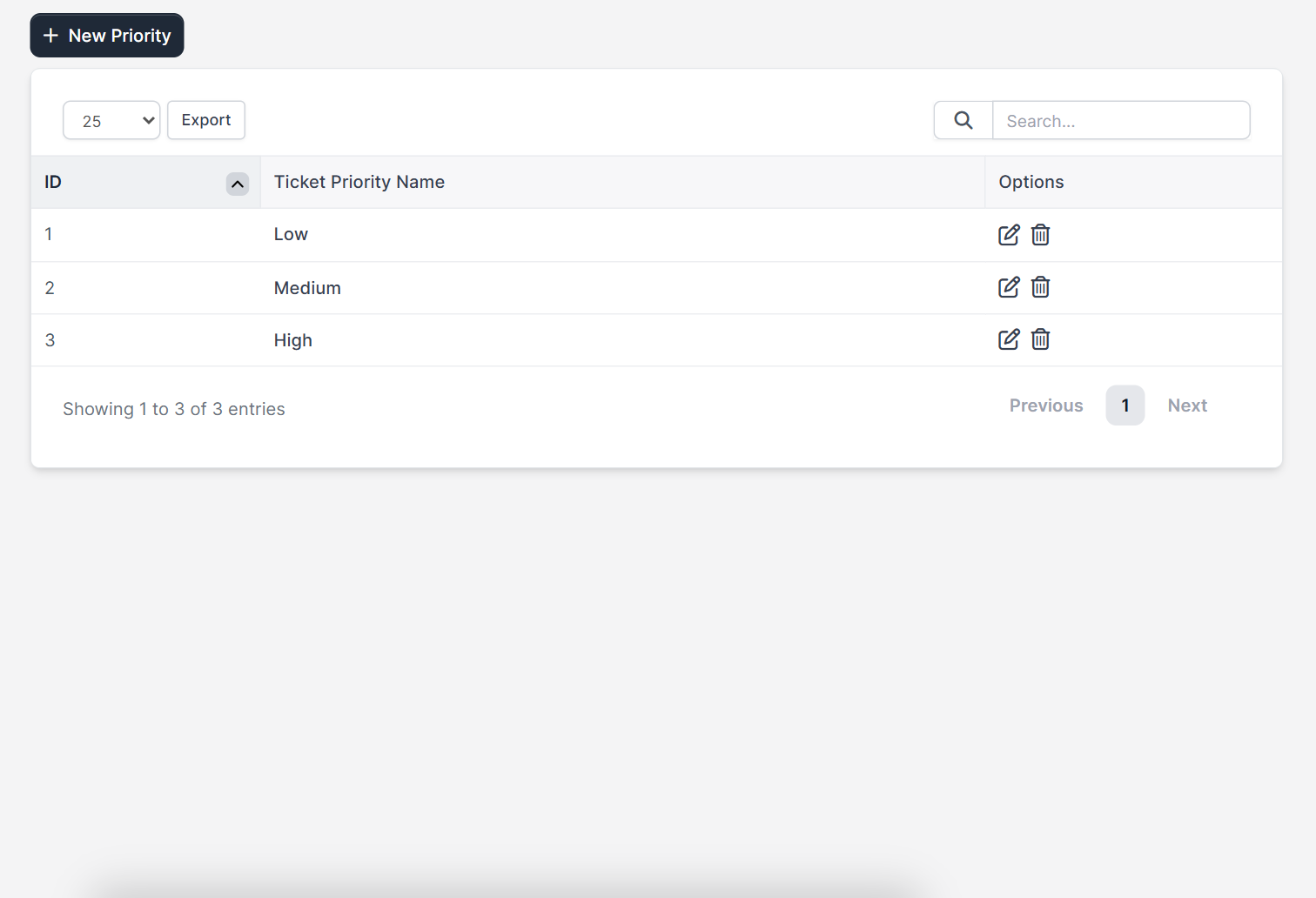 Ticket priority list next to Perfex CRM ticket statuses with Low, Medium and High