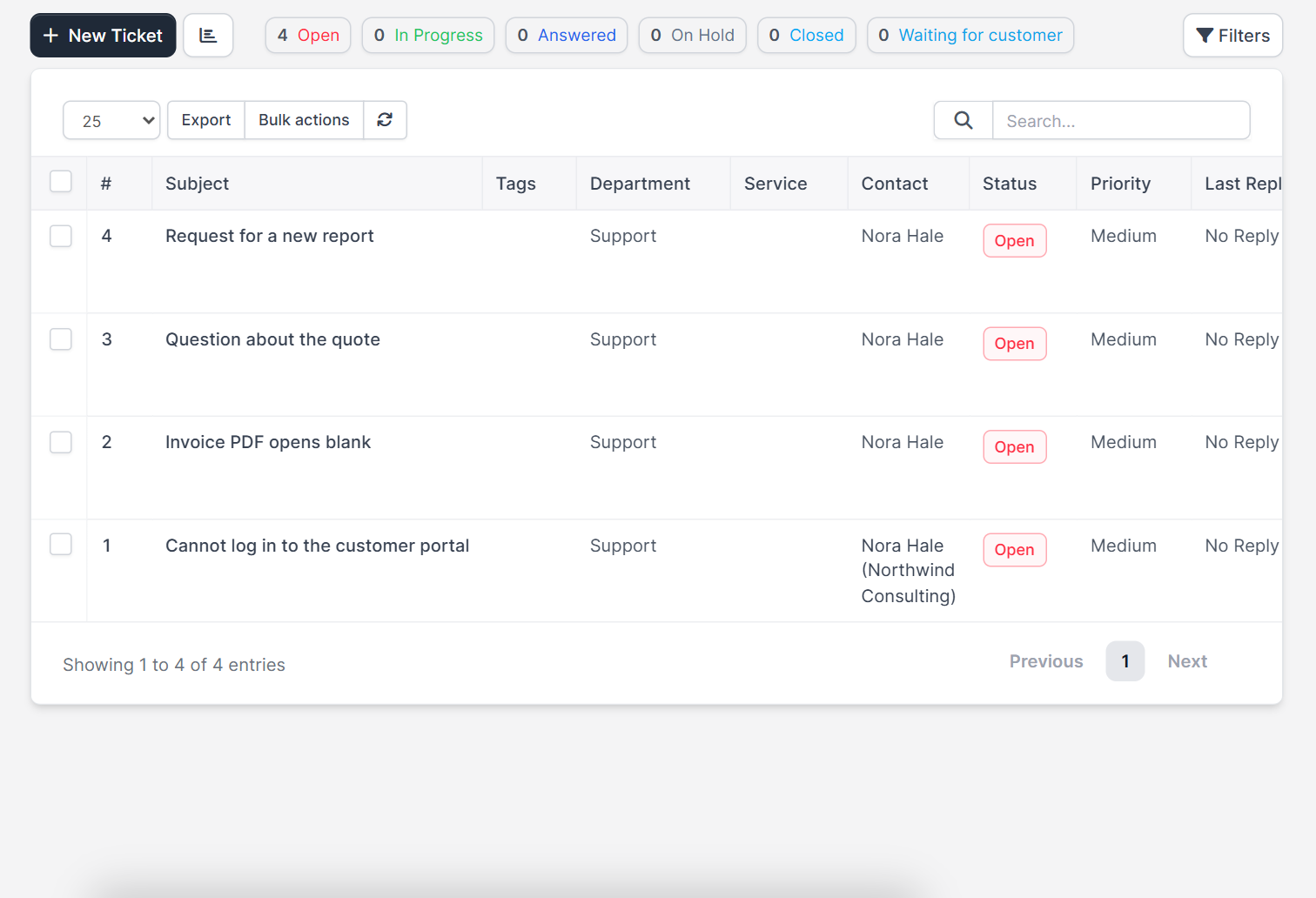 Ticket list with colored counters for Perfex CRM ticket statuses