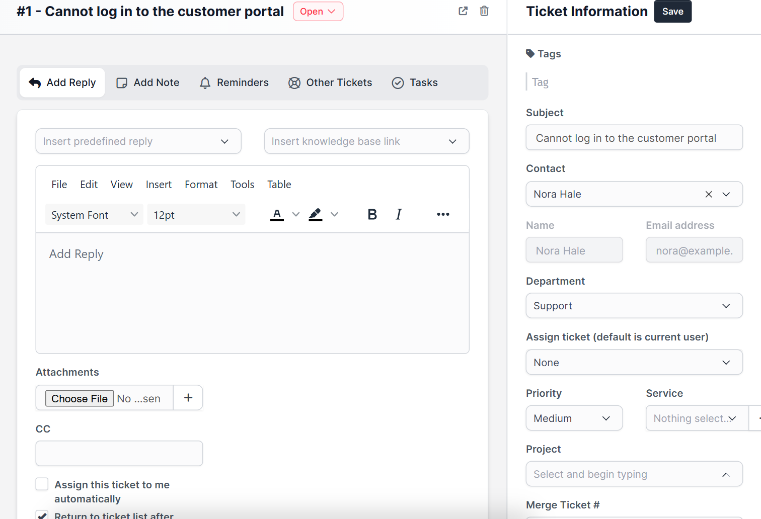 Single ticket page showing the status and priority fields of Perfex CRM ticket statuses