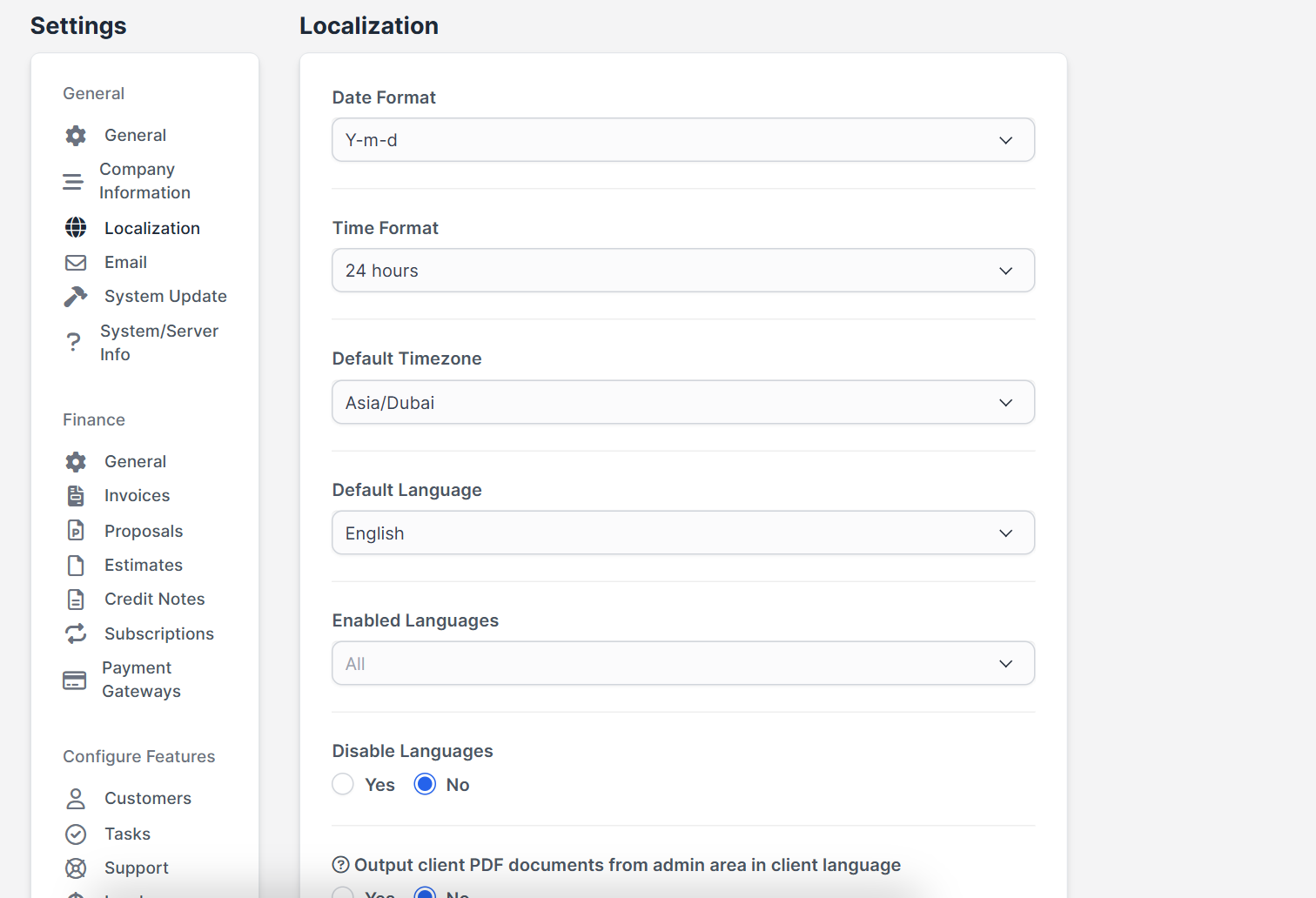 Localization settings with date format, time format and default timezone in Perfex CRM timezone