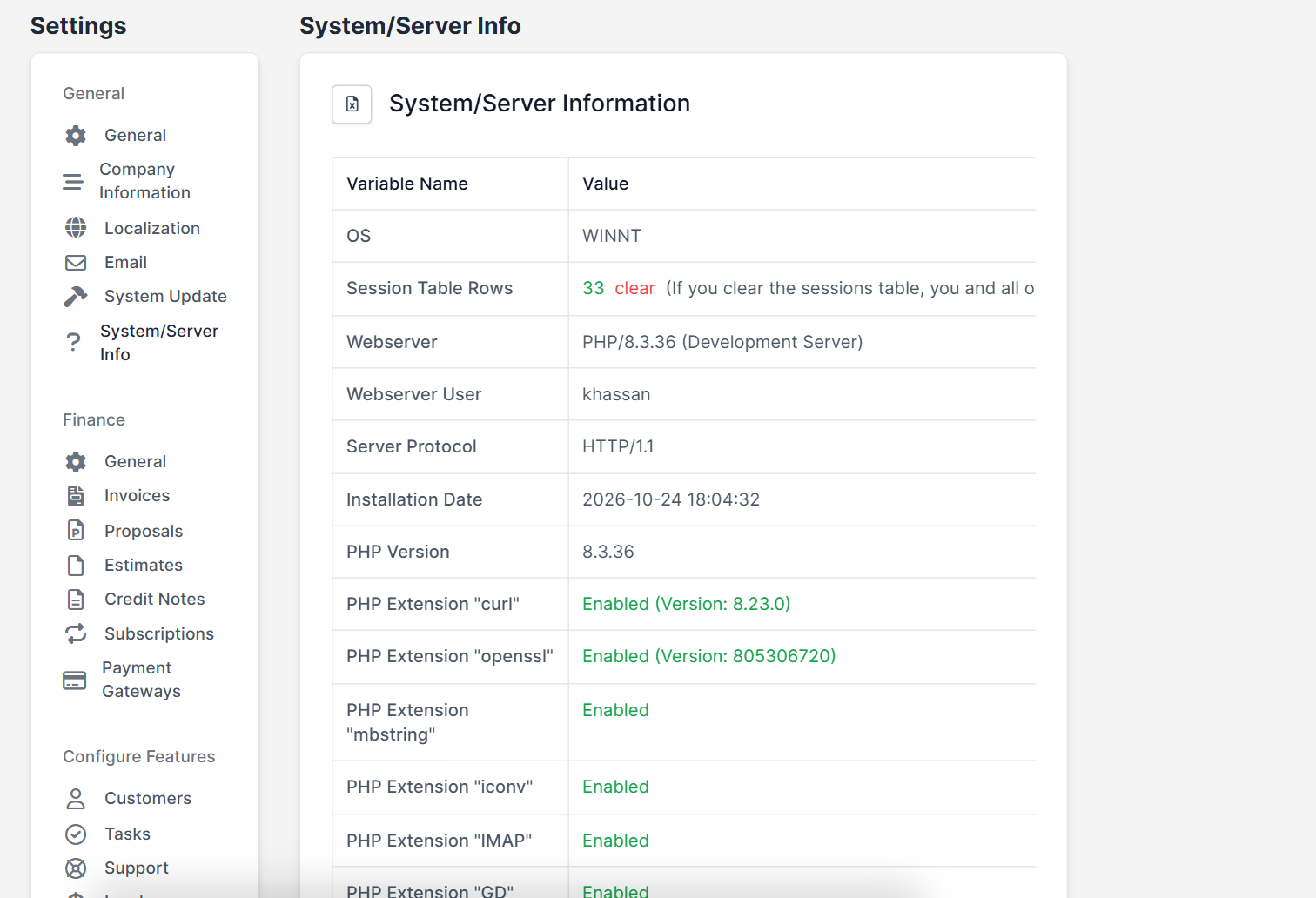 System and server information page for the Perfex CRM timezone check