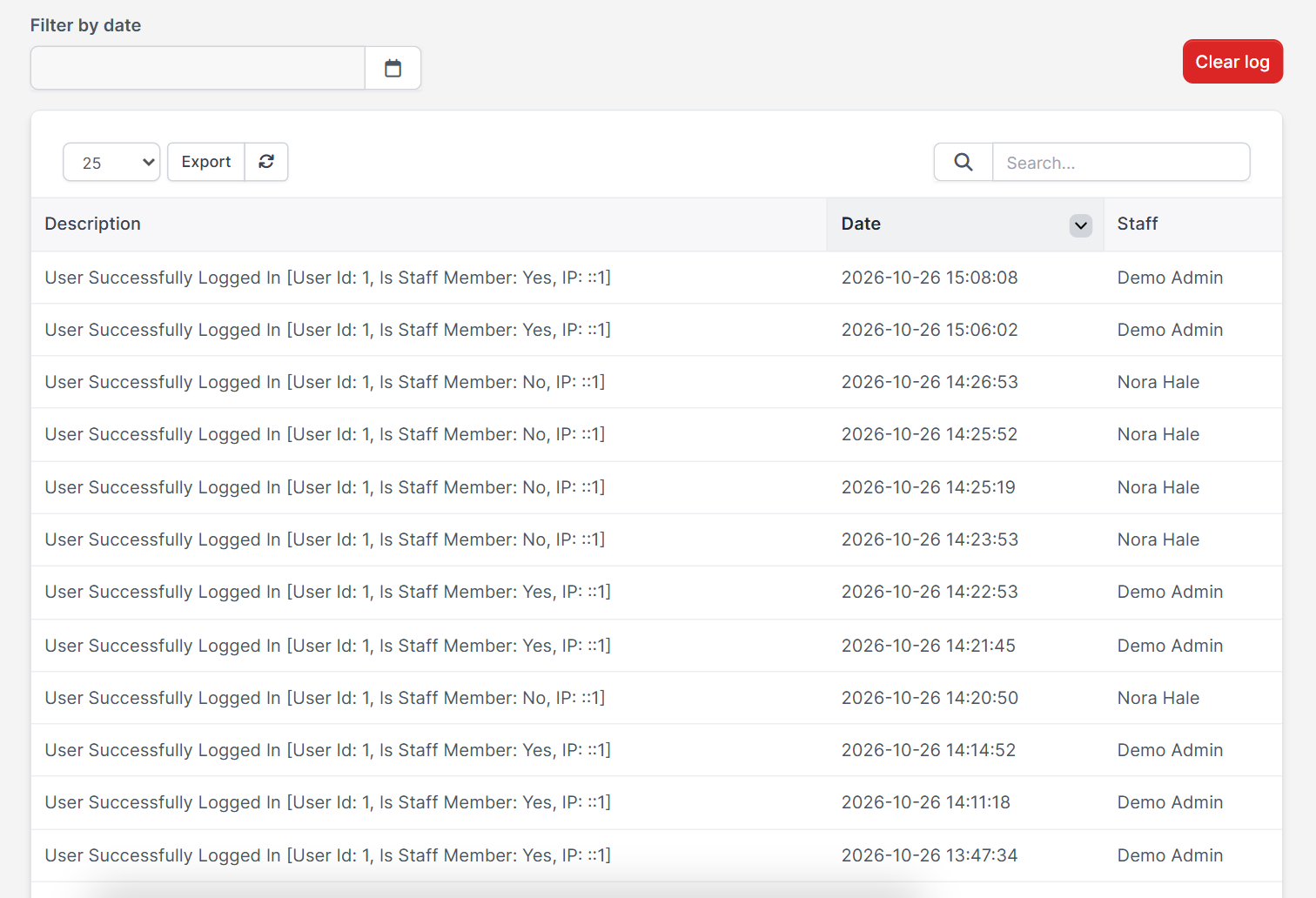 Activity log with dates and times to check the Perfex CRM timezone