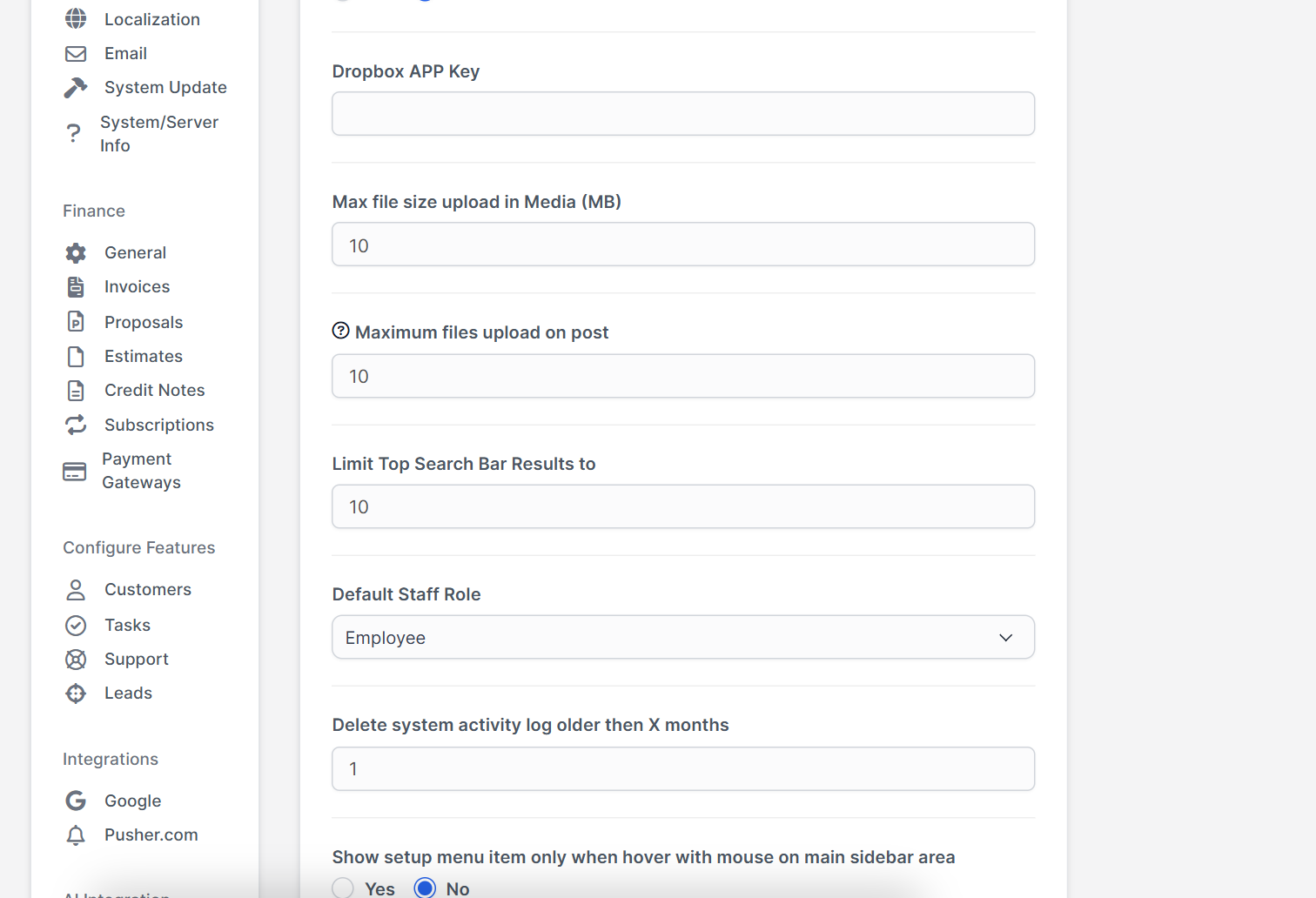 Misc settings with the max file size upload in Media for the Perfex CRM file upload size