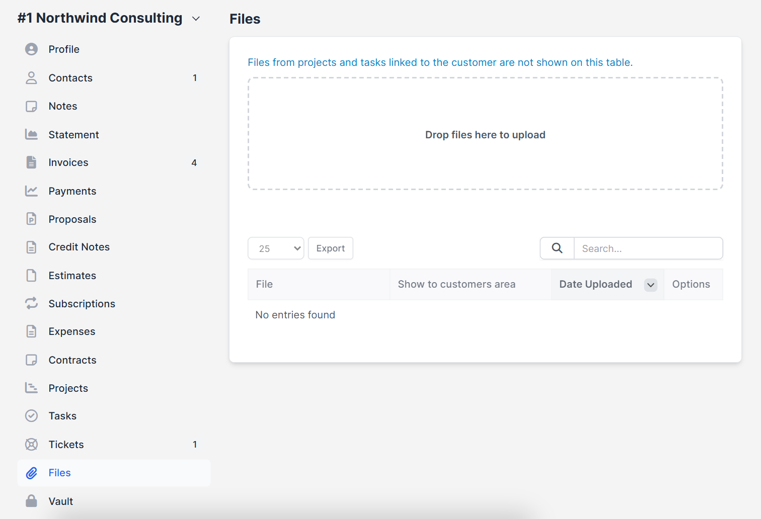 Customer files tab where files are uploaded in Perfex CRM