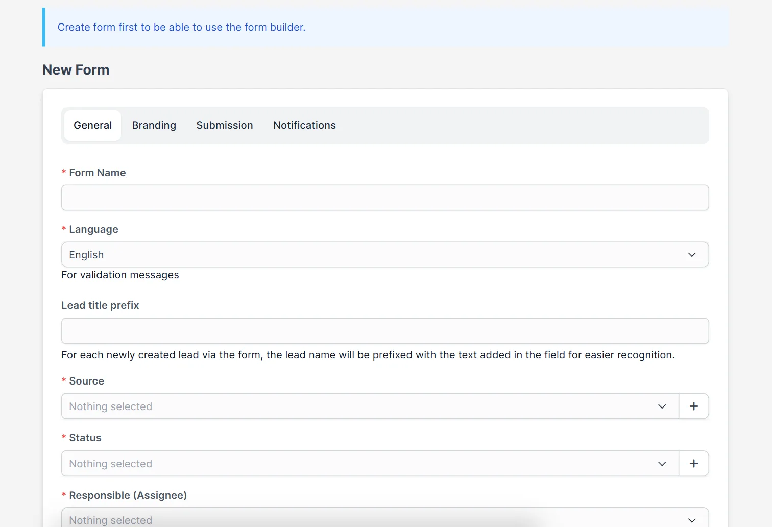 Perfex CRM web to lead form builder with source, status and assignee