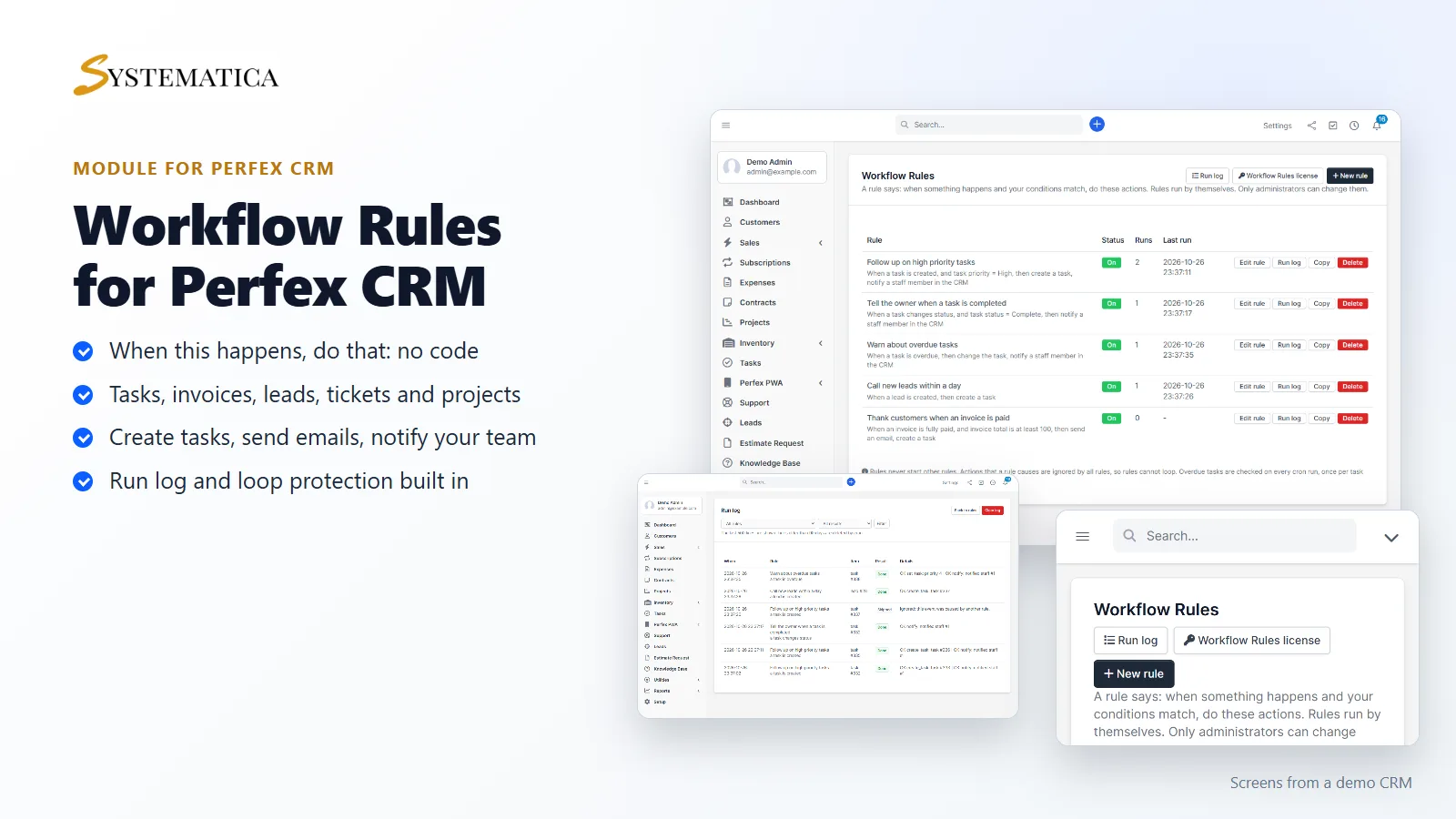 Workflow Rules for Perfex CRM: Perfex CRM workflow automation with rules list, run log and phone view