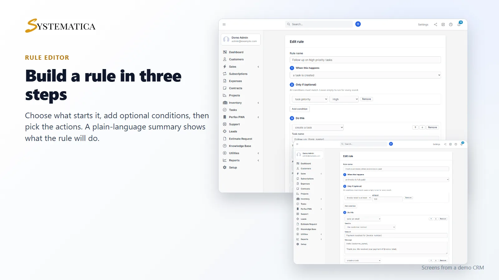 Workflow Rules editor: build a Perfex CRM workflow automation rule with trigger, conditions and actions