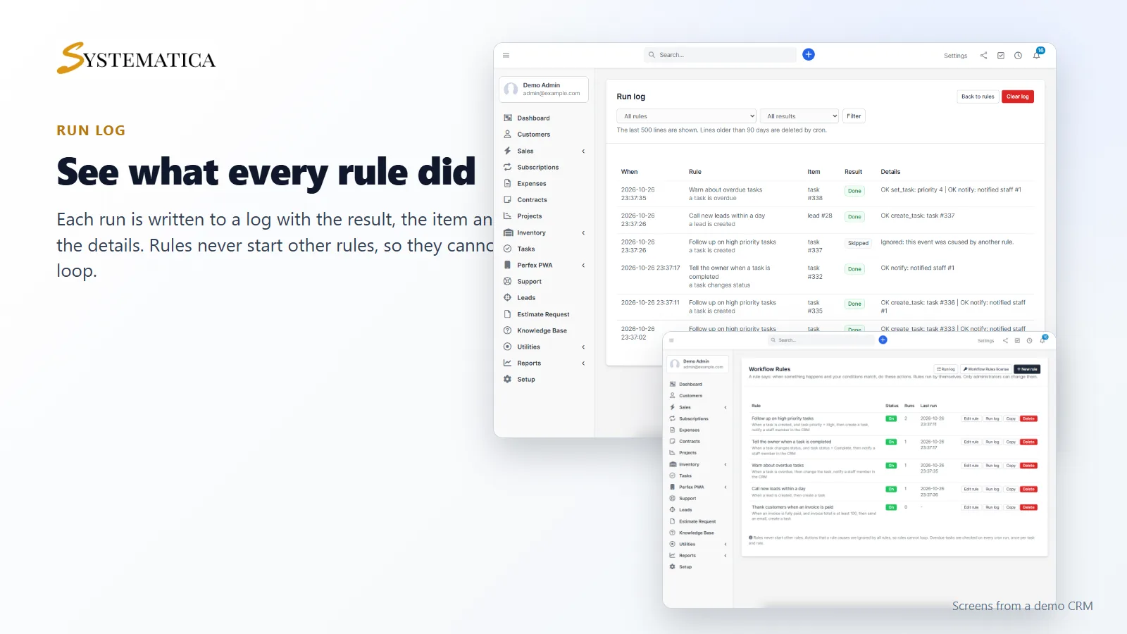 Workflow Rules run log: see what each Perfex CRM workflow automation rule did