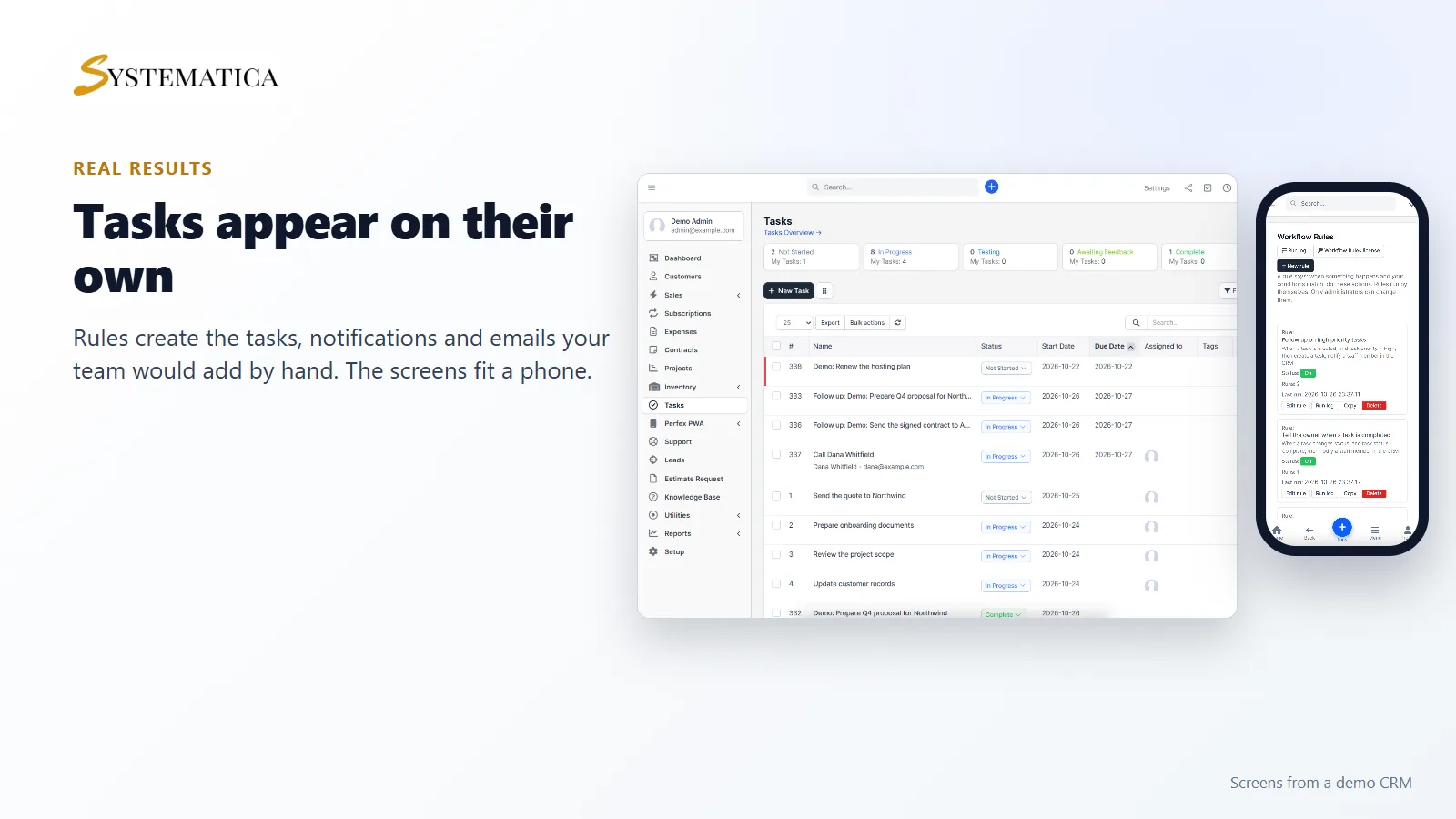 Follow-up tasks created by Perfex CRM workflow automation rules, with the rules on a phone