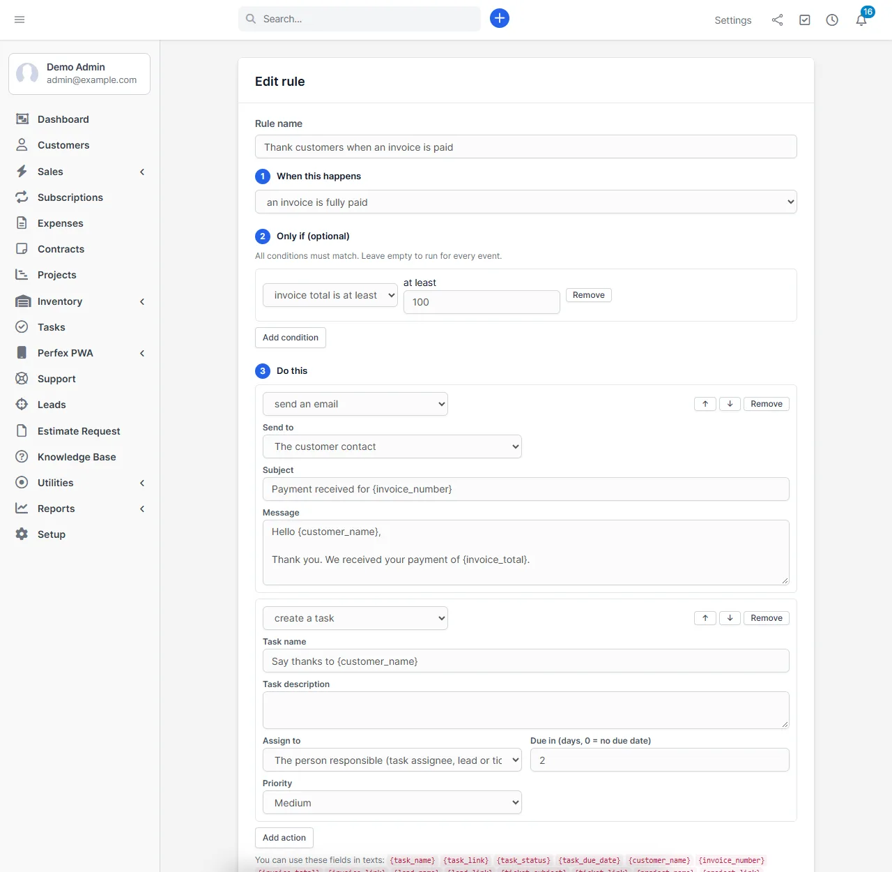 Perfex CRM workflow automation rule that emails the customer when an invoice is paid