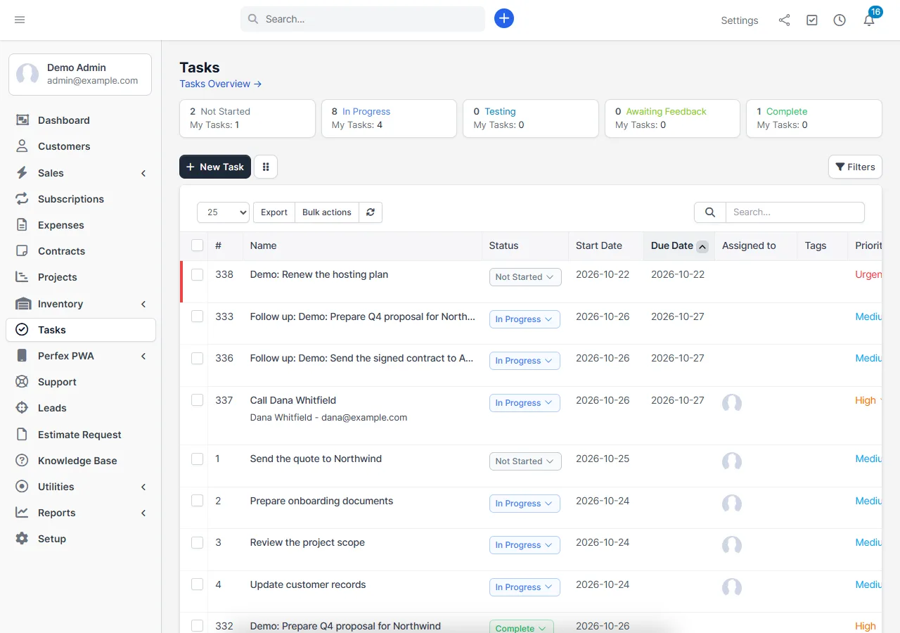 Follow-up tasks created automatically by Perfex CRM workflow automation rules