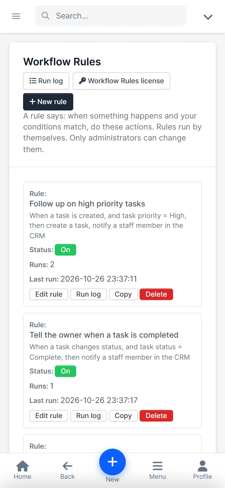Workflow Rules list for Perfex CRM on a phone screen