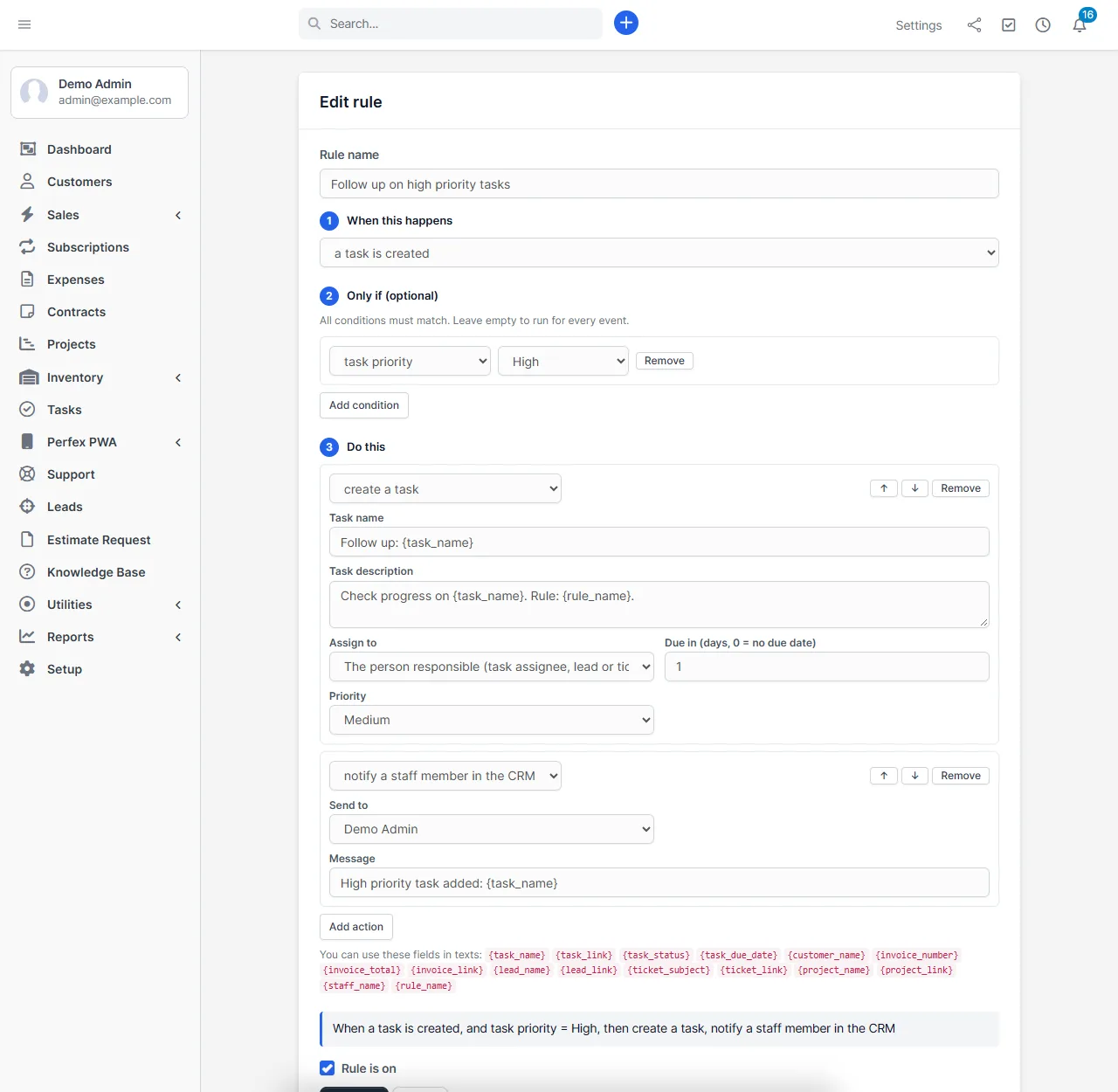 Workflow Rules editor for Perfex CRM workflow automation with trigger, condition and actions