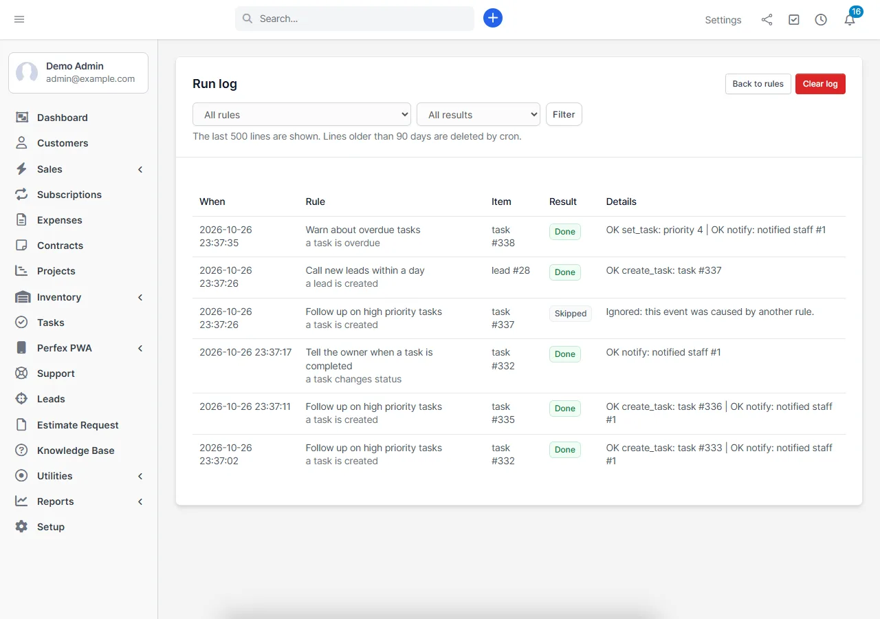 Run log of Perfex CRM workflow automation rules showing done and skipped runs