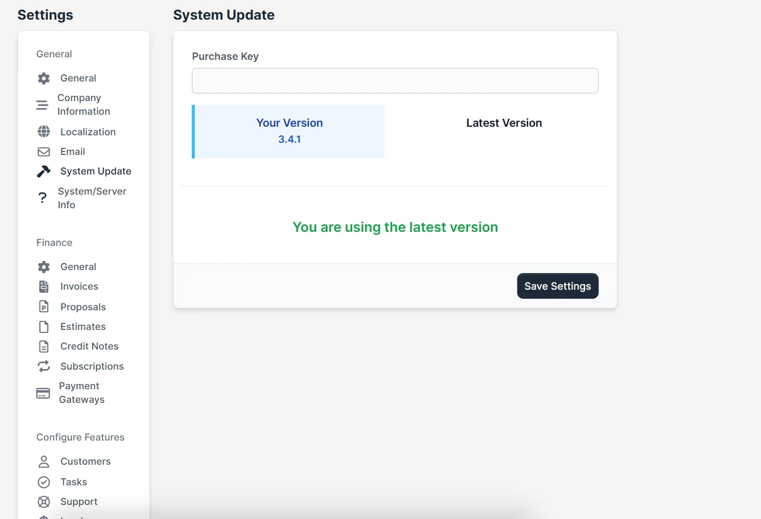 Update Perfex CRM manually: the System Update screen showing your version and latest version